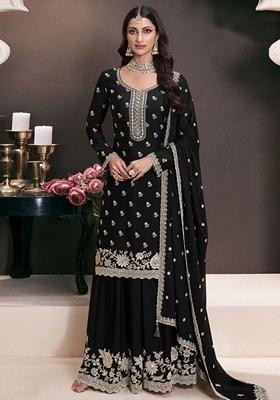 Black Embroidered Art Silk Palazzo Set With Dupatta