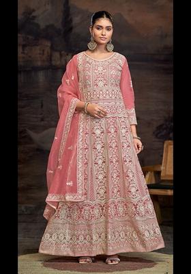 Red Embroidered Net Anarkali Set With Dupatta