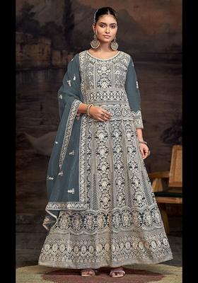 Purple Embroidered Net Anarkali Set With Dupatta