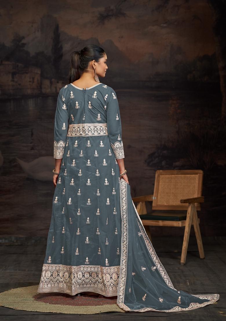 Purple Embroidered Net Anarkali Set With Dupatta