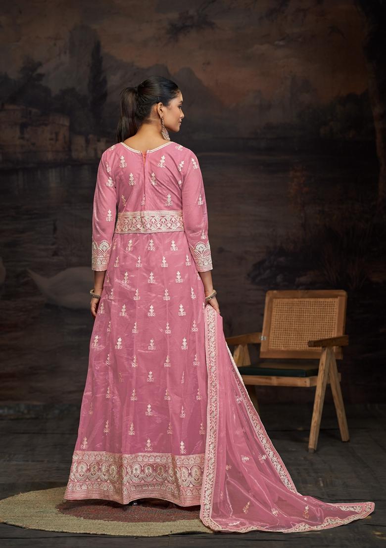 Pink Embroidered Net Anarkali Set With Dupatta