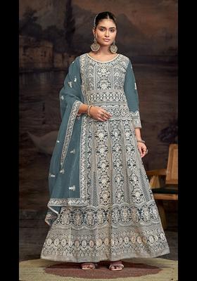 Sky Blue Embroidered Net Anarkali Set With Dupatta