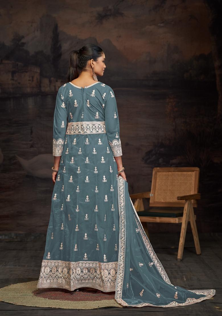 Sky Blue Embroidered Net Anarkali Set With Dupatta