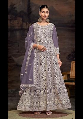 Purple Embroidered Net Anarkali Set With Dupatta
