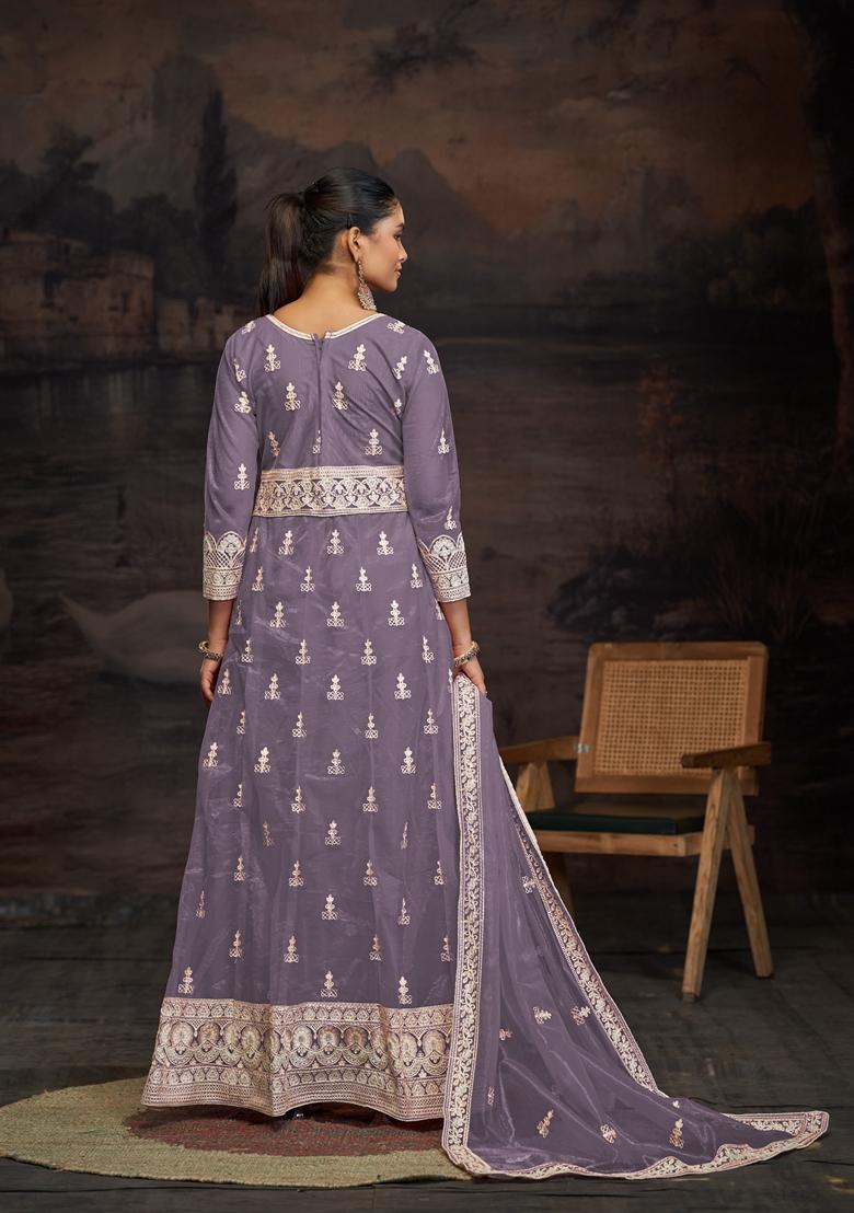 Purple Embroidered Net Anarkali Set With Dupatta