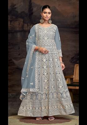 Blue Embroidered Net Anarkali Set With Dupatta