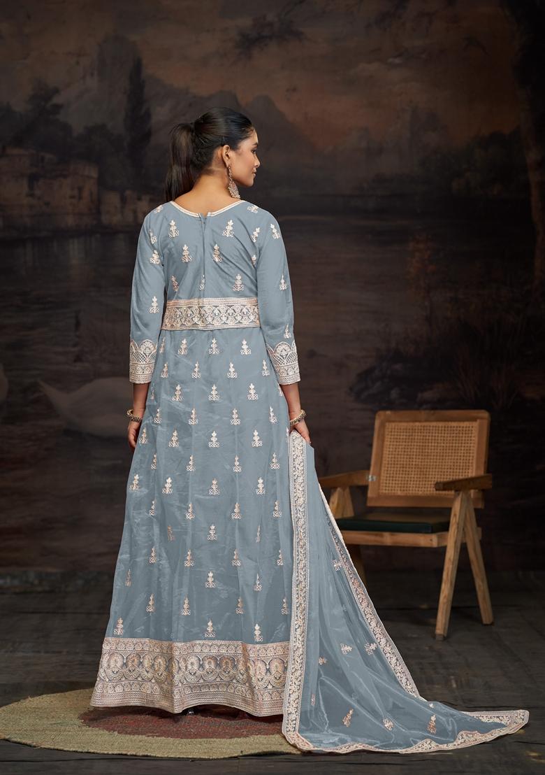 Blue Embroidered Net Anarkali Set With Dupatta
