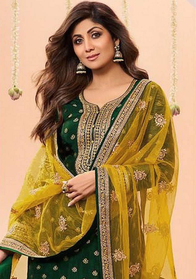 Green Woven Jacquard Salwar Kameez With Dupatta