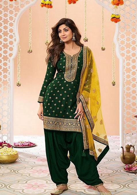 Green Woven Jacquard Salwar Kameez With Dupatta