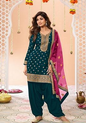 Blue Woven Jacquard Salwar Kameez With Dupatta