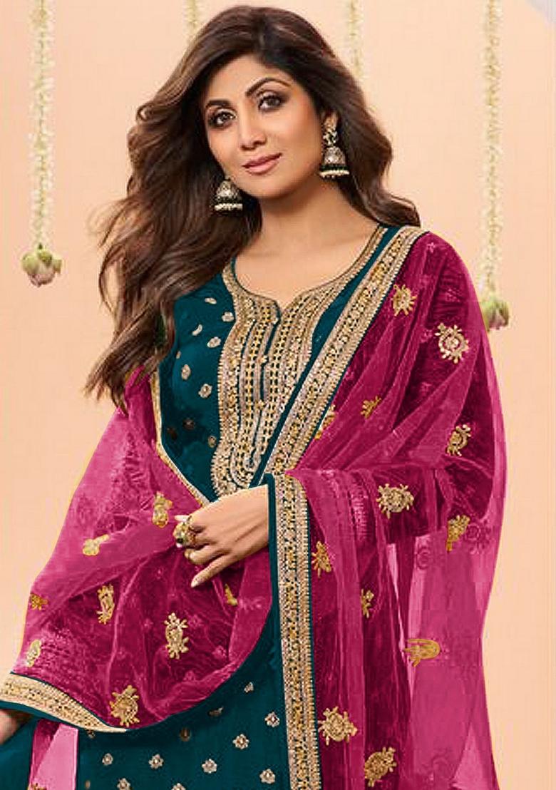 Blue Woven Jacquard Salwar Kameez With Dupatta