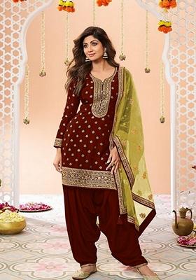 Maroon Woven Jacquard Salwar Kameez With Dupatta