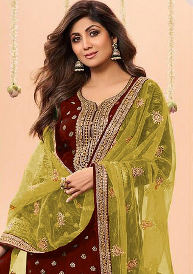 Maroon Woven Jacquard Salwar Kameez With Dupatta