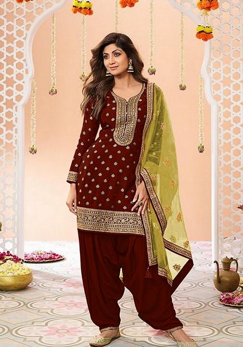 Maroon Woven Jacquard Salwar Kameez With Dupatta