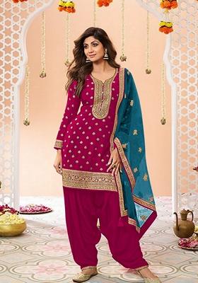 Pink Woven Jacquard Salwar Kameez With Dupatta