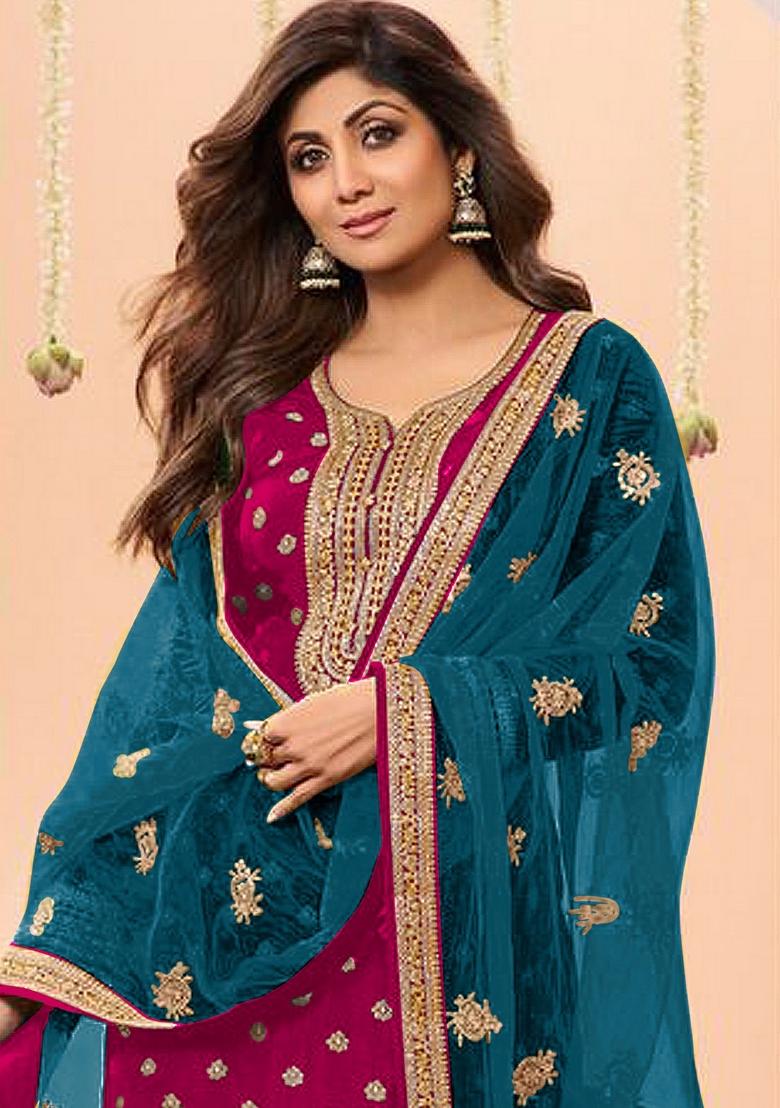 Pink Woven Jacquard Salwar Kameez With Dupatta