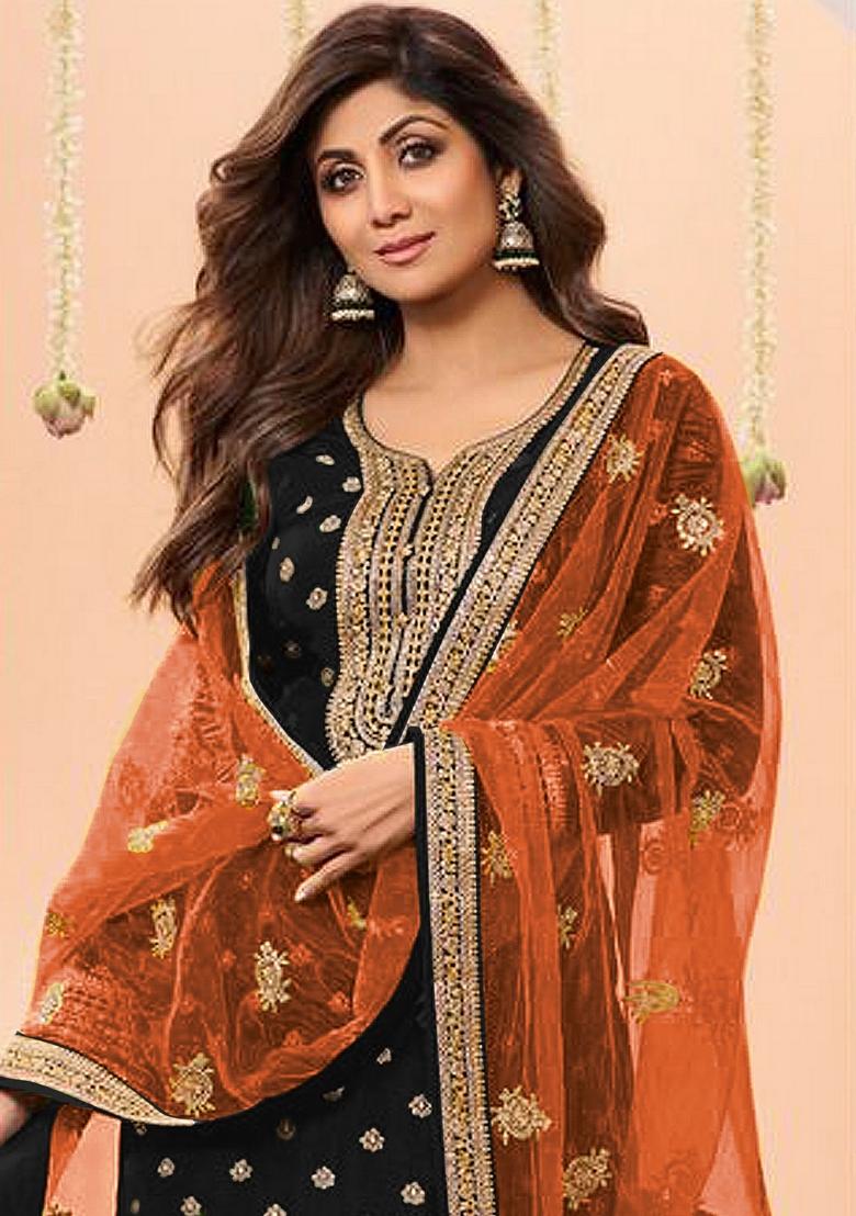 Black Woven Jacquard Salwar Kameez With Dupatta