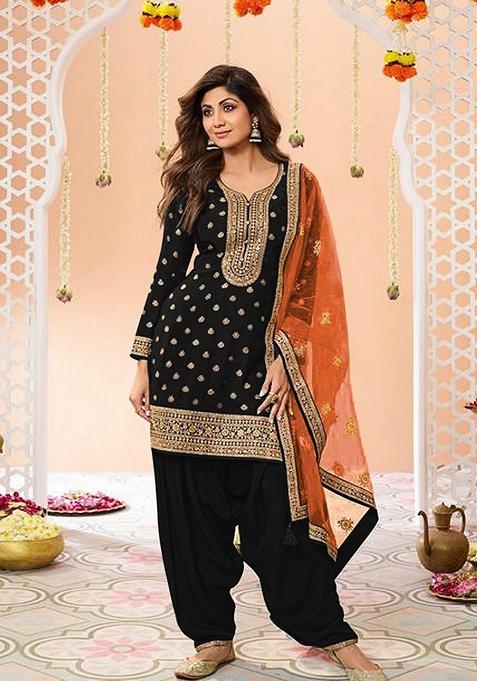 Black Woven Jacquard Salwar Kameez With Dupatta