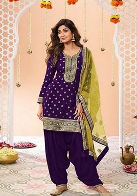 Purple Woven Jacquard Salwar Kameez With Dupatta