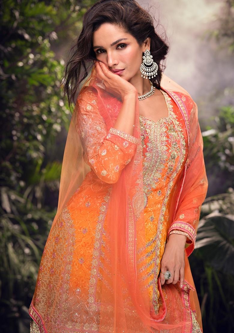 Orange Embroidered Art Silk Palazzo Set With Dupatta