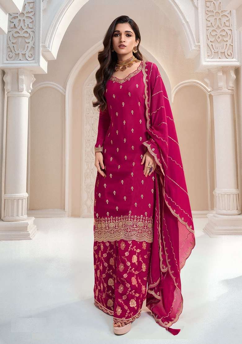 Pink Embroidered Art Silk Sharara Set With Dupatta - Indya
