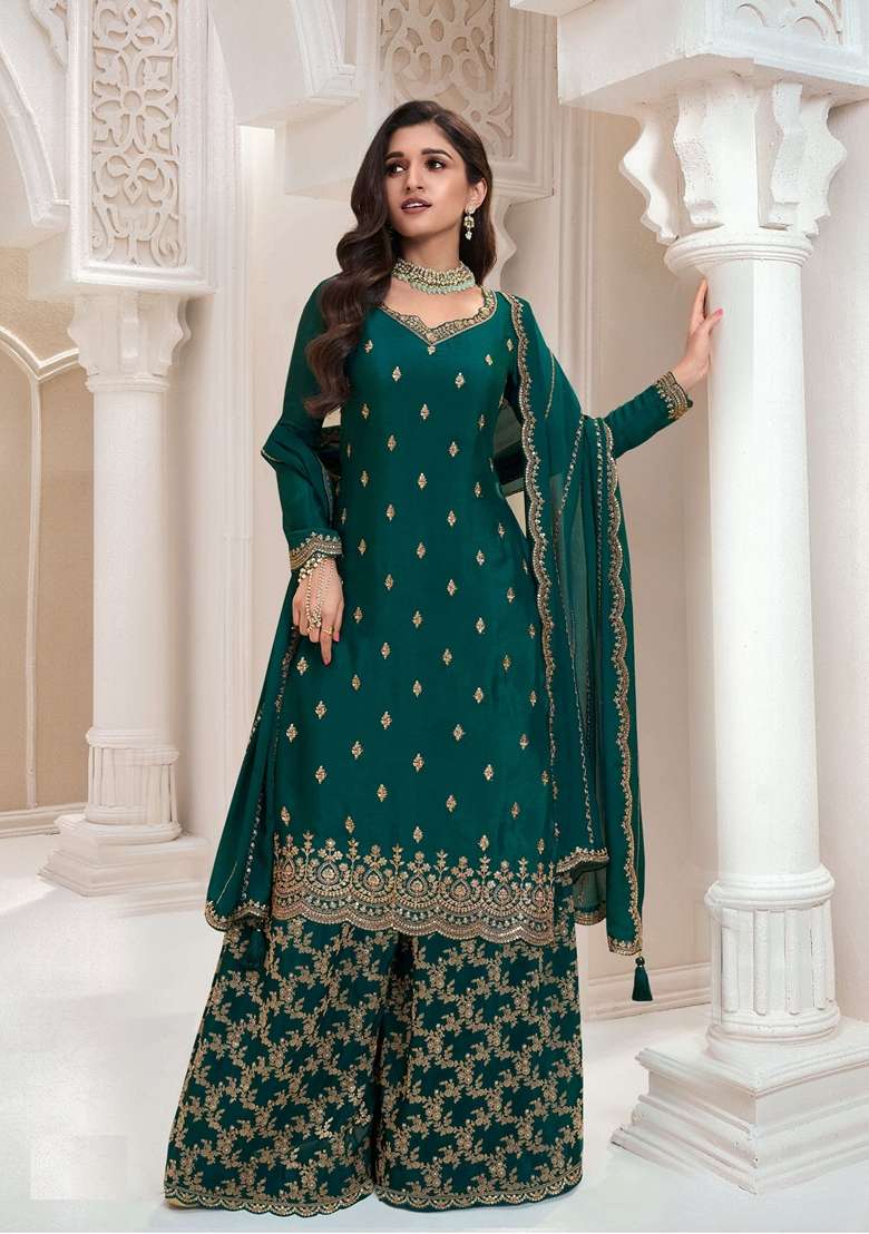 Green Embroidered Art Silk Sharara Set With Dupatta - Indya