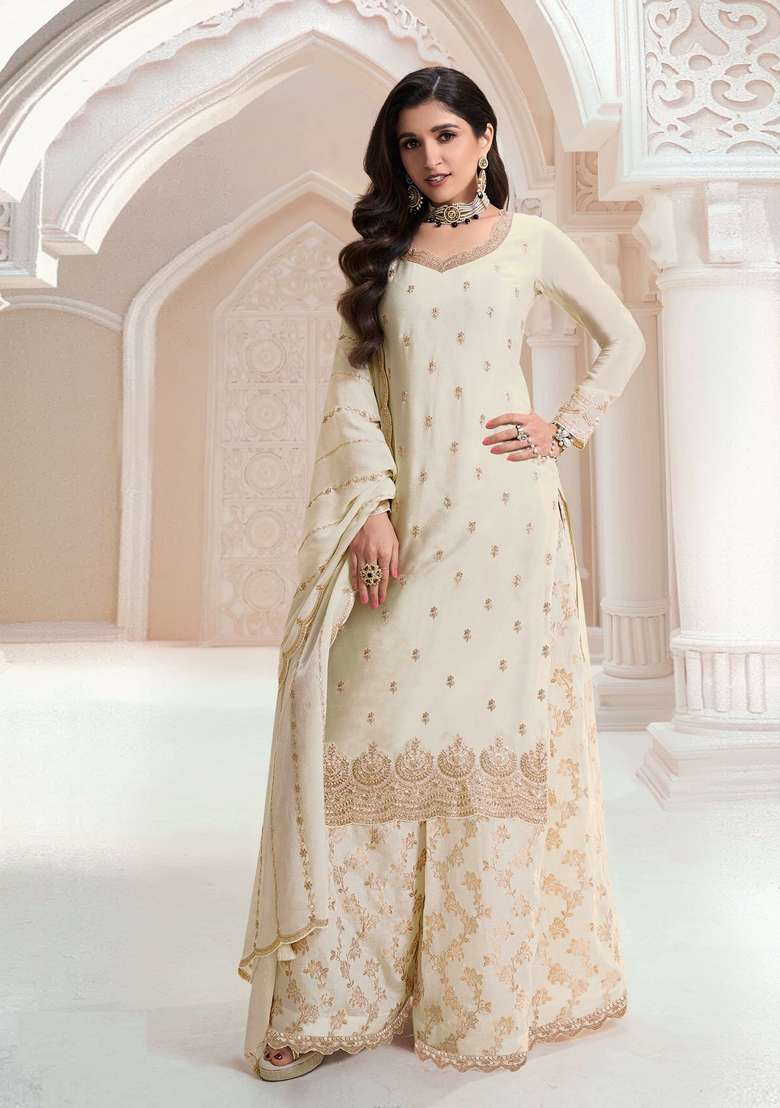 White Embroidered Art Silk Sharara Set With Dupatta - Indya