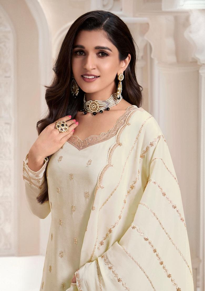 White Embroidered Art Silk Sharara Set With Dupatta