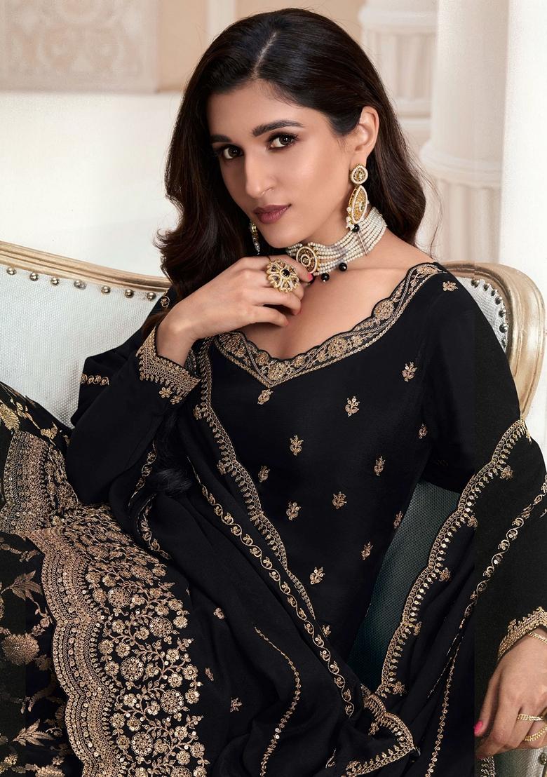 Black Embroidered Art Silk Sharara Set With Dupatta