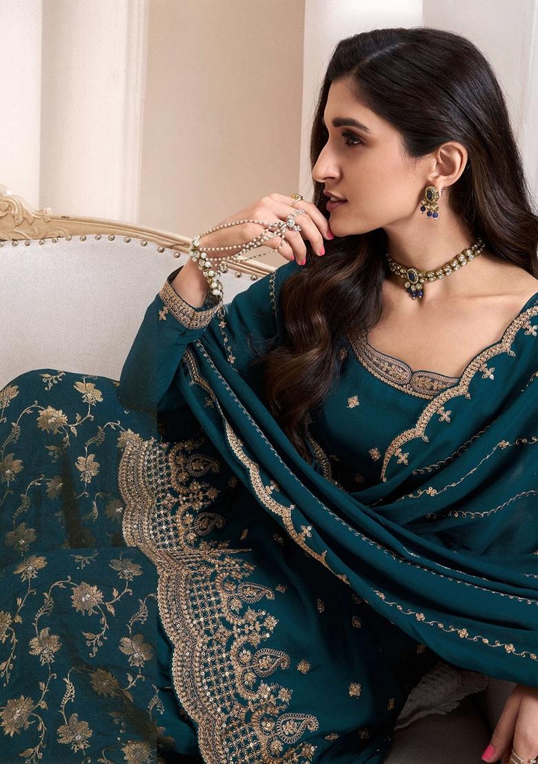 Green Embroidered Art Silk Sharara Set With Dupatta