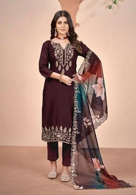 Coffee Brown Embroidered Art Silk Salwar Kameez With Dupatta