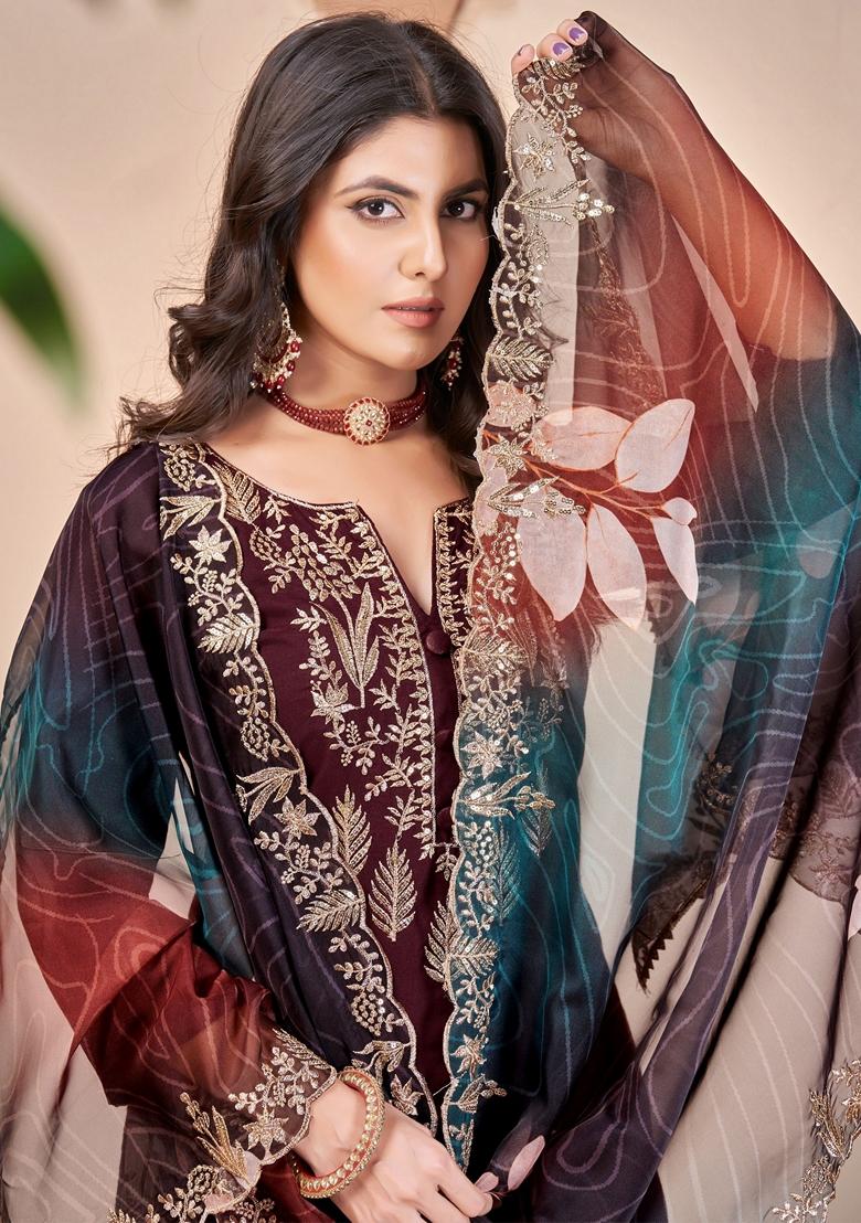 Coffee Brown Embroidered Art Silk Salwar Kameez With Dupatta