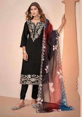 Black Embroidered Art Silk Salwar Kameez With Dupatta