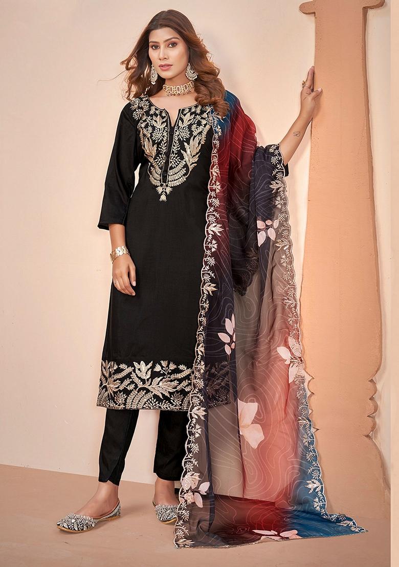 Black Embroidered Art Silk Salwar Kameez With Dupatta