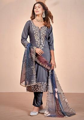 Grey Embroidered Art Silk Salwar Kameez With Dupatta