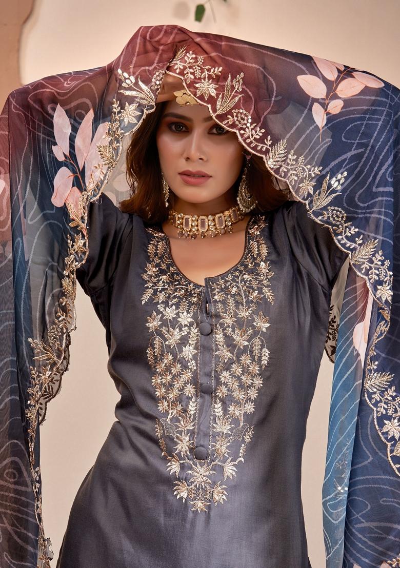Grey Embroidered Art Silk Salwar Kameez With Dupatta