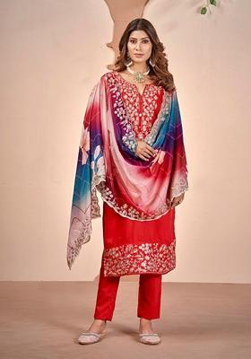 Red Embroidered Art Silk Salwar Kameez With Dupatta