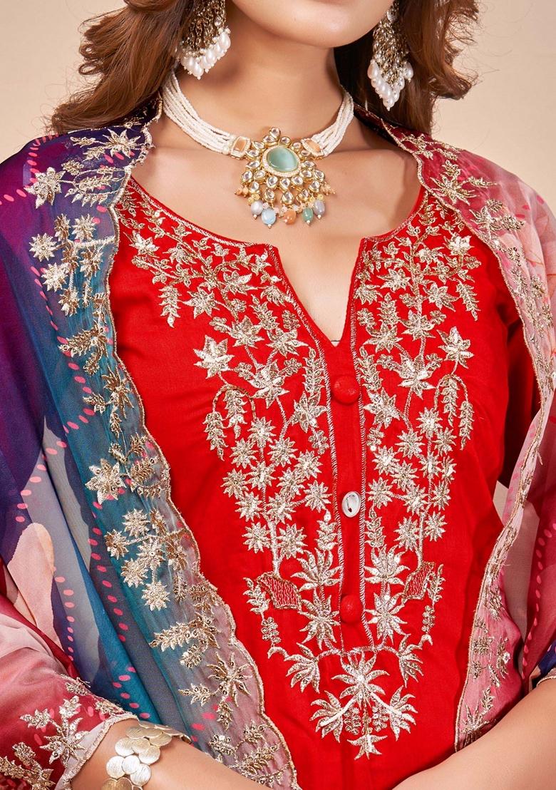 Red Embroidered Art Silk Salwar Kameez With Dupatta