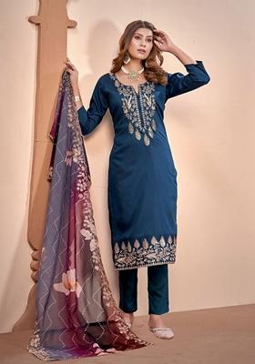 Blue Embroidered Art Silk Salwar Kameez With Dupatta