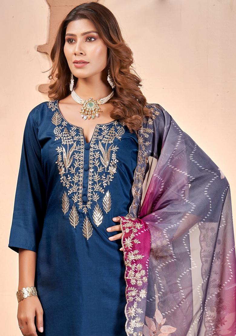 Blue Embroidered Art Silk Salwar Kameez With Dupatta