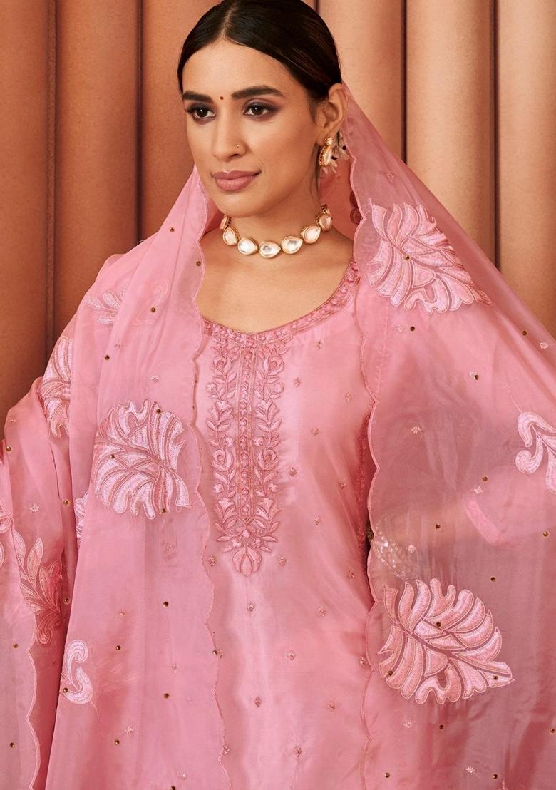 Pink Embroidered Organza Salwar Kameez With Dupatta