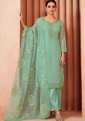 Sea Green Embroidered Organza Salwar Kameez With Dupatta