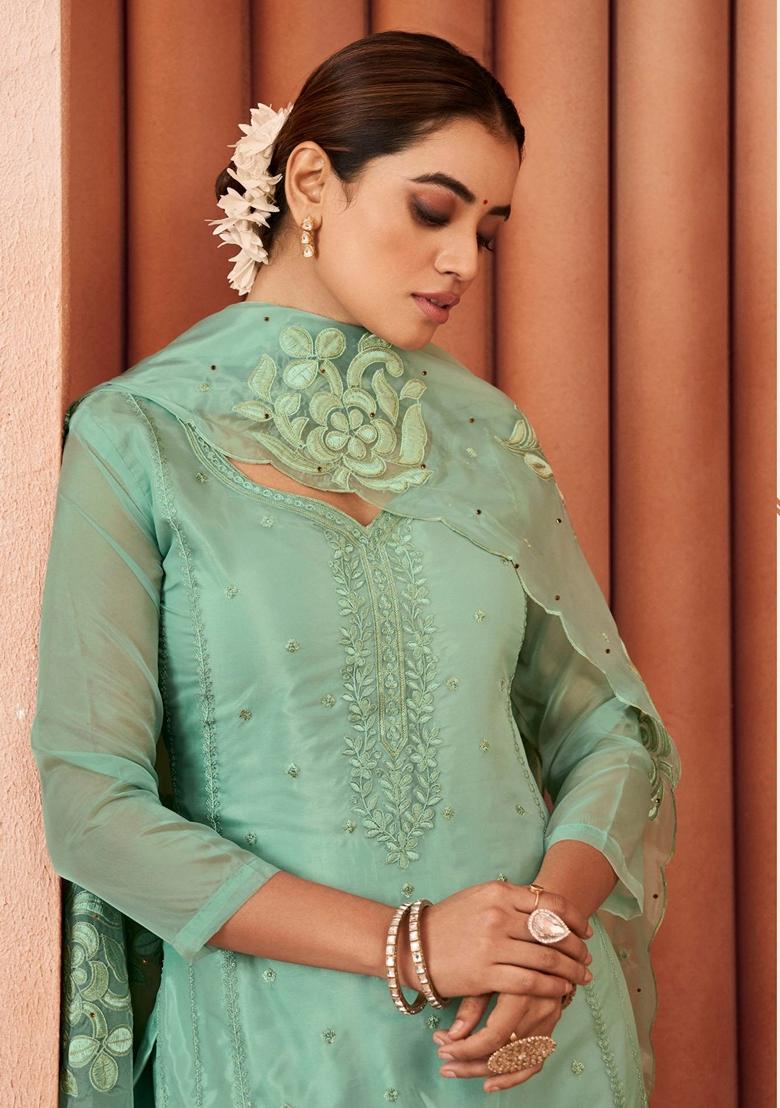 Sea Green Embroidered Organza Salwar Kameez With Dupatta