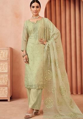 Green Embroidered Organza Salwar Kameez With Dupatta