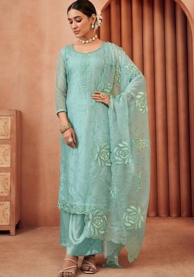 Sky Blue Embroidered Organza Salwar Kameez With Dupatta