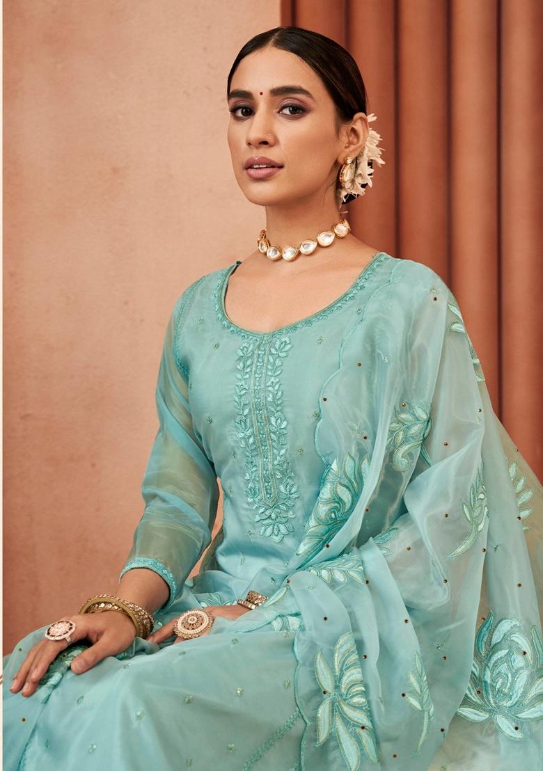 Sky Blue Embroidered Organza Salwar Kameez With Dupatta