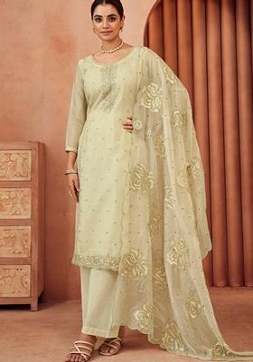 Beige Embroidered Organza Salwar Kameez With Dupatta