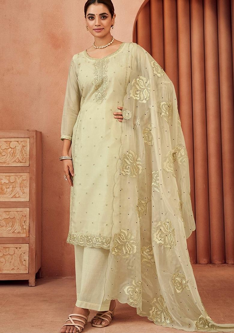 Beige Embroidered Organza Salwar Kameez With Dupatta