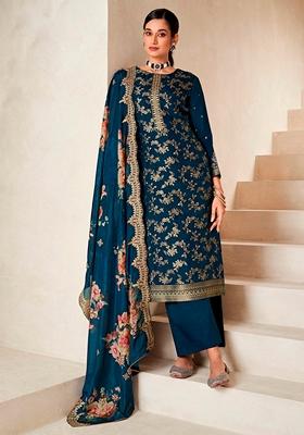 Teal Blue Woven Viscose Salwar Kameez With Dupatta