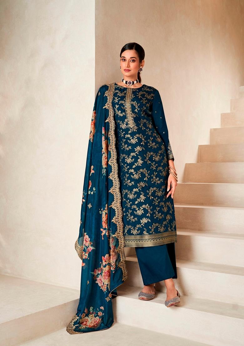 Teal Blue Woven Viscose Salwar Kameez With Dupatta